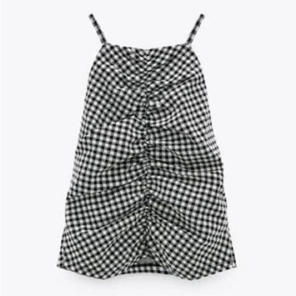 Zara black and white gingham tank top with ruched detail